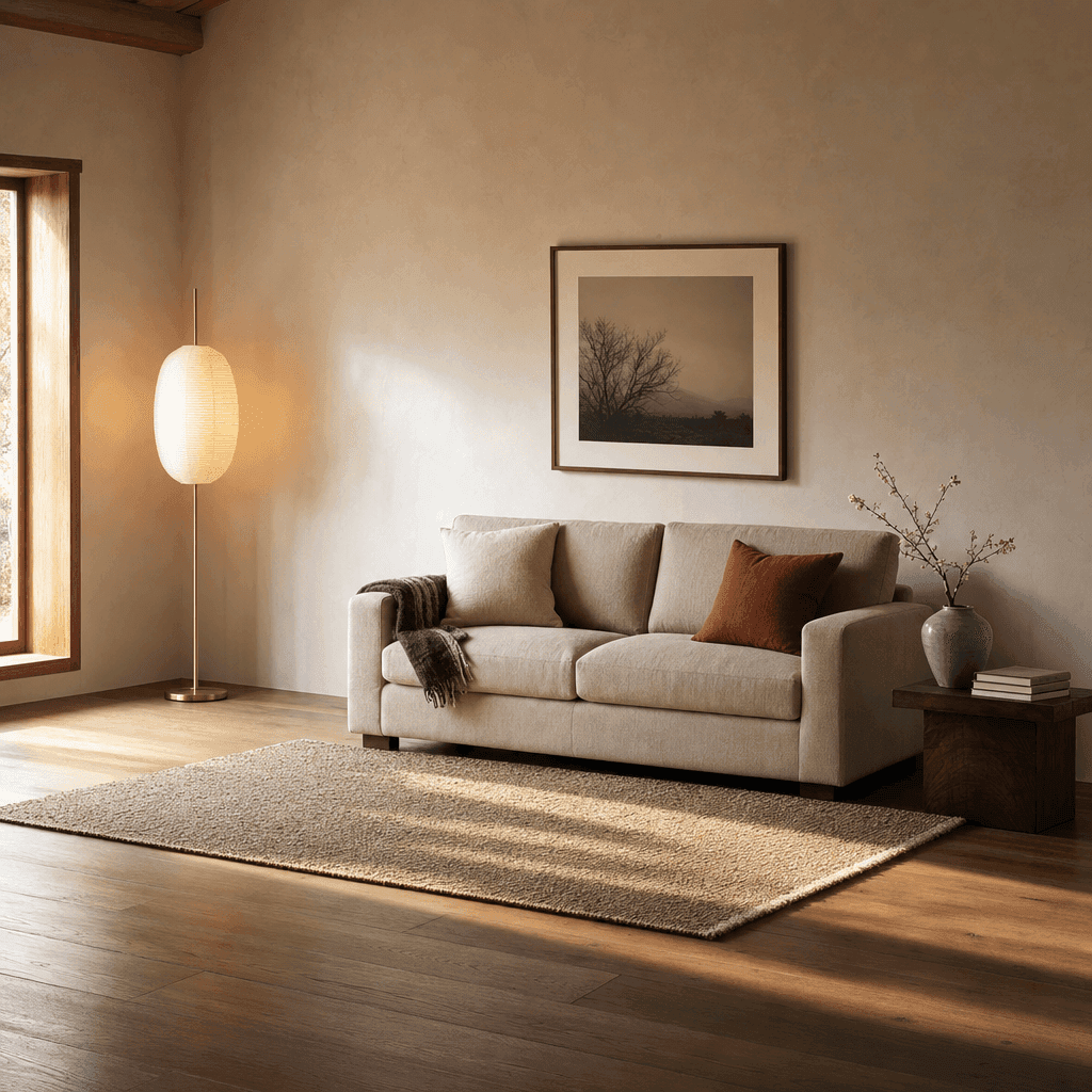 A warm, naturally lit living room: an oat linen sofa set off-center against the wall with generous breathing room on either side, grounded by a handwoven rug and a paper-shade floor lamp.