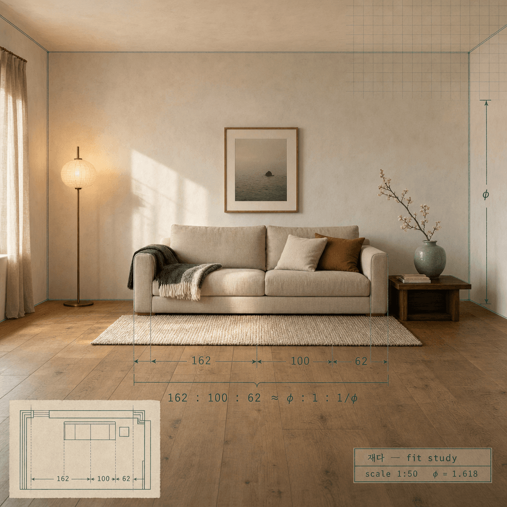 A warm living room with a draftsman's celadon dimension overlay marking the golden ratio between sofa and walls.